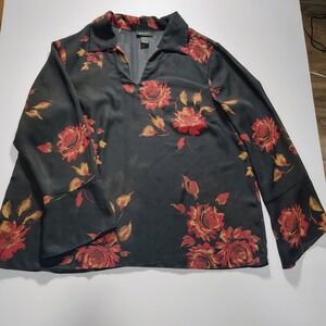 LBryant Women's Plus Size 18/20 Black Floral Rose Print Long Bell Sleeve Top‎